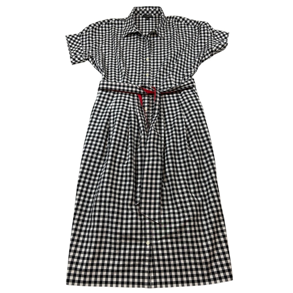 Talbots Black White Gingham Cotton Shirt Dress Midi Belted Short Sleeve Size 6